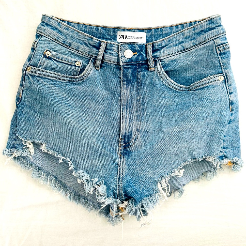 Zara Blue Jean Shorts with Distressed Frayed Hem